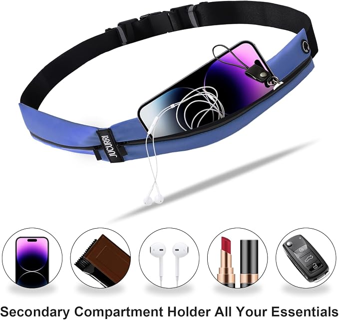 Slim Running Belt for Women and Men, Waterproof Phone Holder for Running, Reflective 2-Pocket Waist Pack for Storing Runner’s Essentials Safely, Runner’s Fanny Pack, Money Belt Fits Most Phones (Blue) - Image 3
