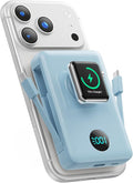 Magnetic Portable Charger 10800mAh with Built-in Cables,Wireless Power Bank,25W PD Fast Charging USB-C Travel Essentials Battery Pack for iPhone 17/16/15/14/13/12 Series,Apple Watch-Light Blue by HETP