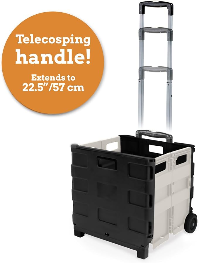 Inspired Living Ultra-Slim Rolling Collapsible Storage Pack-N-Roll Utility-carts, with Telescopic Handle, for Home, Garden, Shopping, Office, School use, Medium, White & Black - Image 4