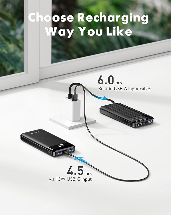 charmast Portable Charger Power Bank with Reinforced Built-in 4 Cables | 10000mAh,6 Outputs 3 Inputs,Travel Essentials,Carry-on Only,3A Fast Charging Portable Phone Charger for iPhone Samsung Pixel - Image 7