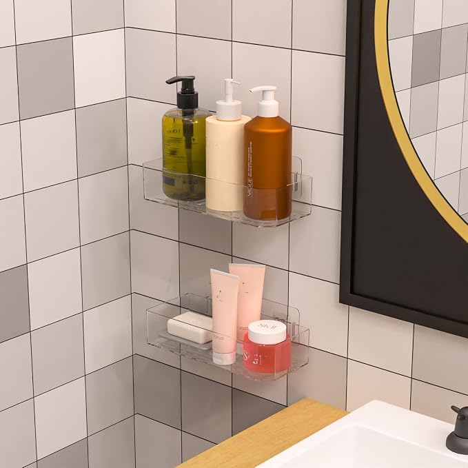 Cq acrylic Bathroom Shower Shelf Organizer Rack,Adhesive Shower Organizer for Bathroom Storage&Home Decor&Kitchen,Wall Shower Caddy Shelf Non Drilling Adhesive and No Damage Wall Mount,2 Pack Clear - Image 2