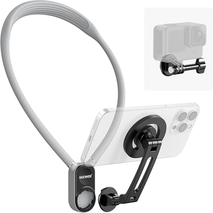 NEEWER Magnetic Neck Holder for Action Camera Phone Hands Free Neck Tripod Chest Mount Compatible with GoPro DJI Insta360 iPhone Android Phone Holder for POV Vlog, Gray, GP16 by Neewer