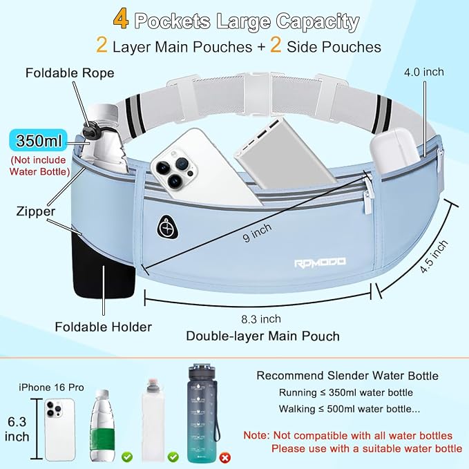 Water Resistant Fanny Pack for Men Women with Bottle Holder, Blue | Adjustable Running Belt, Lightweight & Breathable, Phone Holder for Running Workout, Waist Pack for iPhone 16 17 Samsung S26 - Image 2