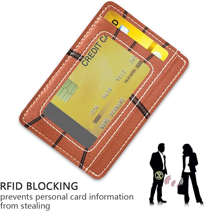 Front Pocket Minimalist Leather Slim Wallet Credit Card Holder Basketball for Men & Women - Image 3