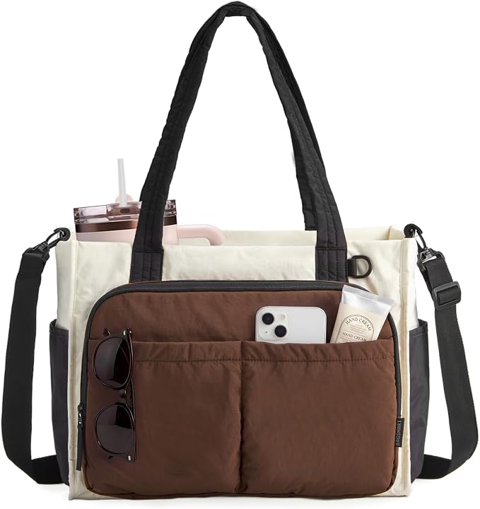 BAGSMART Tote Bag for Women, Puffy Laptop Work College Shoulder Handbag | 30oz or 40oz Tumbler Holder with Crossbody Strap, 13 inch or 15.6 inch Laptop Sleeve, Water Resistant Puffer Teacher Tote Bag by BAGSMART