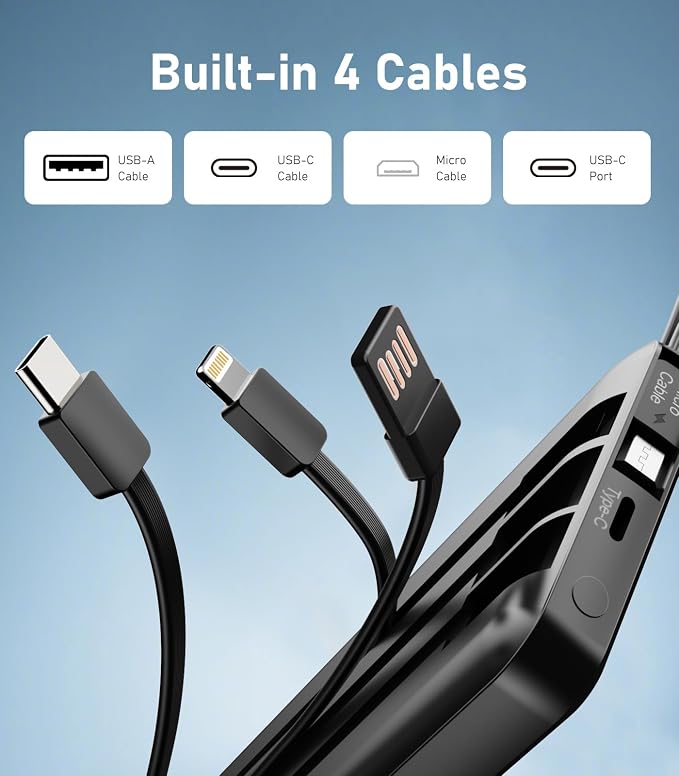 Portable Charger with Built in Cables, Slim 10000mAh Power Bank, USB C Battery Pack Travel, 4 Output 2 Input External Charging Bank for iPhone 17/16/15/14/13,Samsung, Android, etc-Black(1 Pack) - Image 3