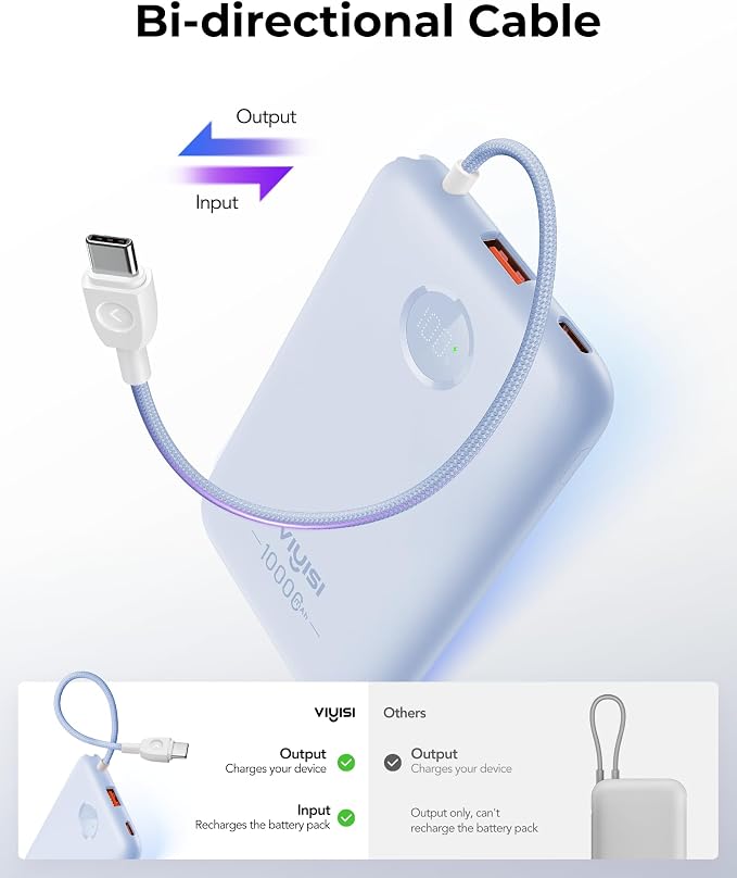 VIYISI 0.58” Slim Portable Charger Small 10000mAh with Built-in USB C Cable | 20W Compact Power Bank Fast Charging Battery Pack Travel Essential for Vacation Outdoor iPhone 17 16 15 Samsung Android-Blue - Image 4