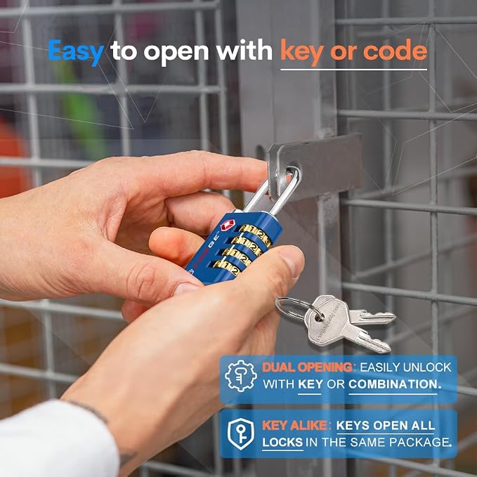 Forge Dual-Opening: Key or Combination Access Lock, TSA Approved Locks for Luggage, Pelican case, Travel, Gym, School, Stainless Steel Shackle. (Blue 2 Pk) - Image 3
