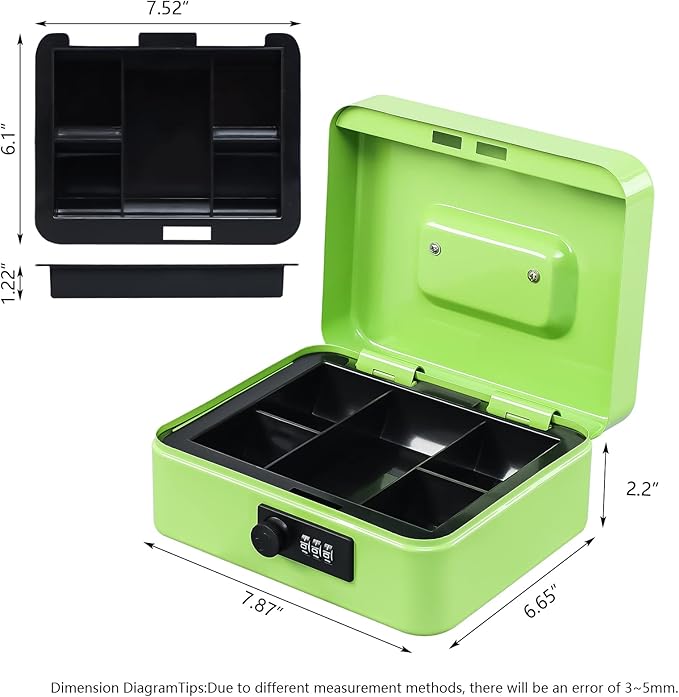 KYODOLED Cash Box with Combination Lock,Safe Metal Box for Money,Storage Lock Box with Money Tray,7.87"x 6.30"x 3.54" Limegreen Medium - Image 5