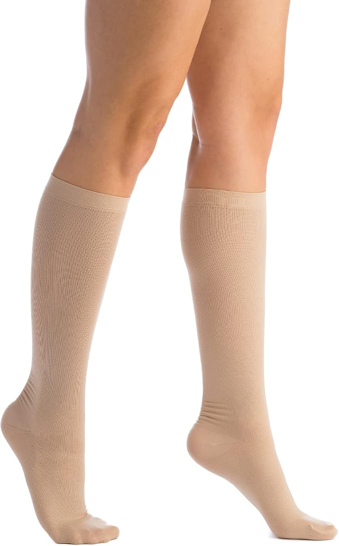 Women's Microfiber Opaque Knee High Compression Socks 8-15 mmHg | Non-binding stay-up band with reinforced heel and toe for mild support during travel, office work, standing and daily wear. - Image 2