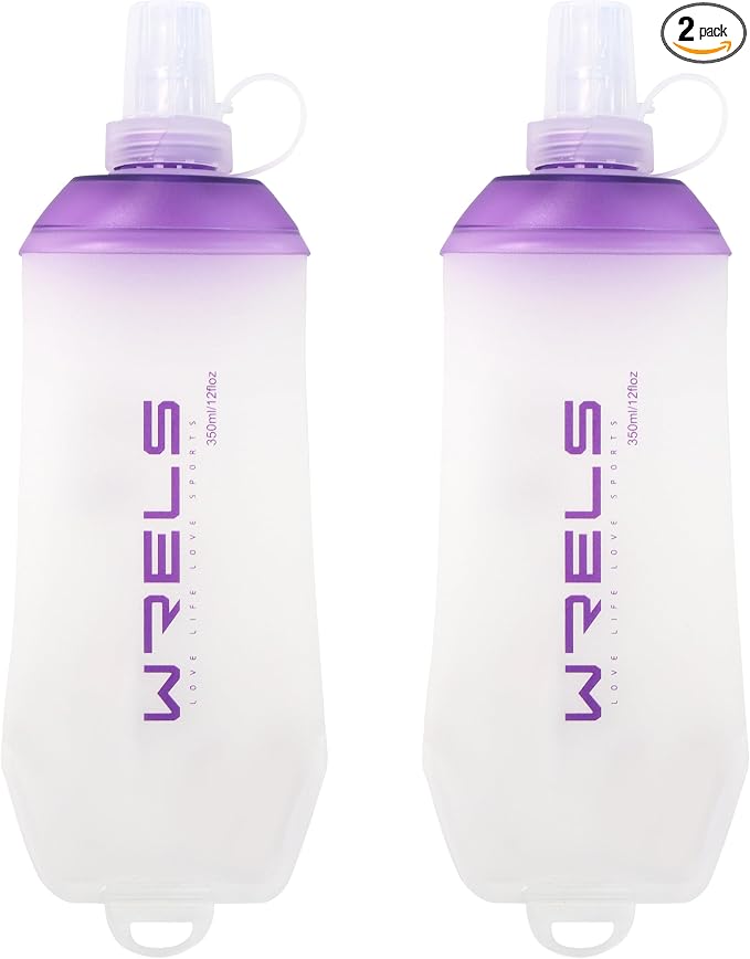 WRELS 200ml/350ml/500ml Collapsible Soft Flask,BPA Free Folding Soft Water Bottle with Hanging Ring,Lightweight TPU Hydration Flask for Running Marathon Cycling Hiking(350ml-2 Packs) by WRELS