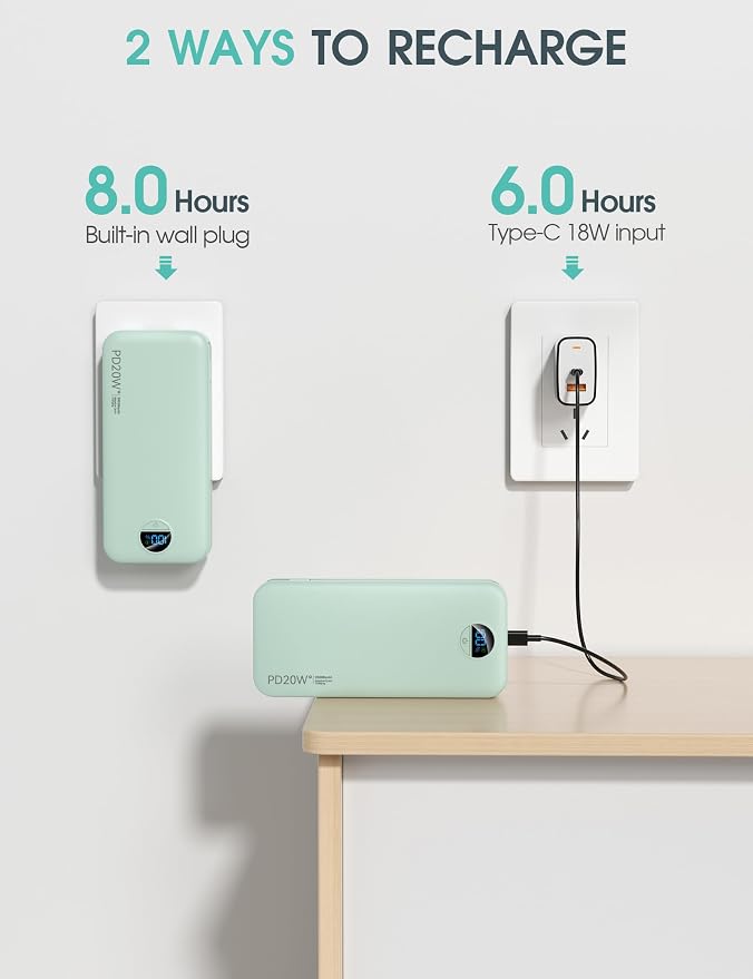 citicr Portable Charger 20000mAh PD20W w/Built-in Cables & Wall Plug Green | High capacity, Fast charging, Built-in wall plug, LED display, Charge 5 devices at once, Pass through charging, TSA approved - Image 6