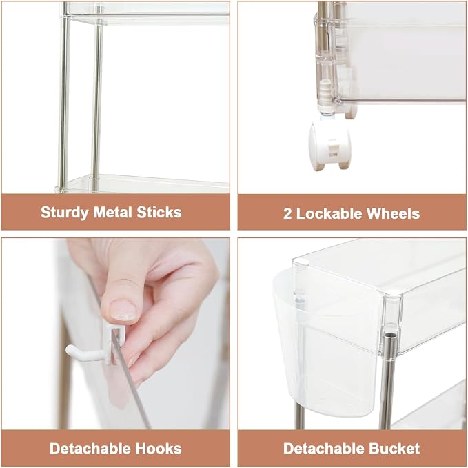 VECELO Acrylic 4-Tier Rolling Cart, Slim Utility Cart for Storage, Mobile Storage Cart with Lockable Wheels Hooks&Bucket for Office,Kitchen,Laundry Room Bathroom Living Room, Clear - Image 8