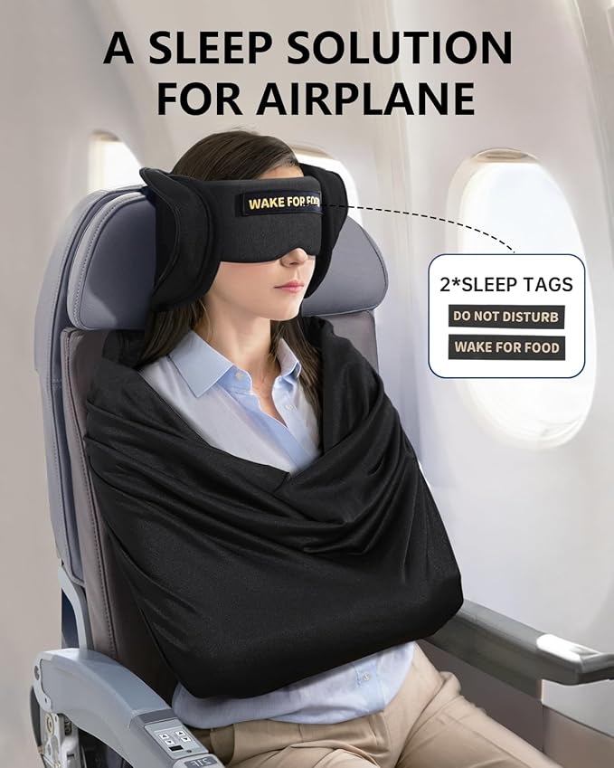 Travel Pillow and Blanket Set, Compact Airplane Pillow Bag with Eye Mask for Long Flights Sleeping, 360° Support Head Strap Travel Essentials for Plane Sleep Neck Upright, Stop Head Bodding (Black) - Image 2