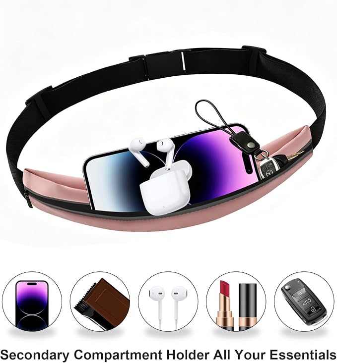 Slim Running Belt for Women and Men, Waterproof Phone Holder for Running, Reflective Waist Pack for Storing Runner’s Essentials Safely, Runner’s Fanny Pack, Money Belt Fits Most Phones (Light Pink) - Image 3