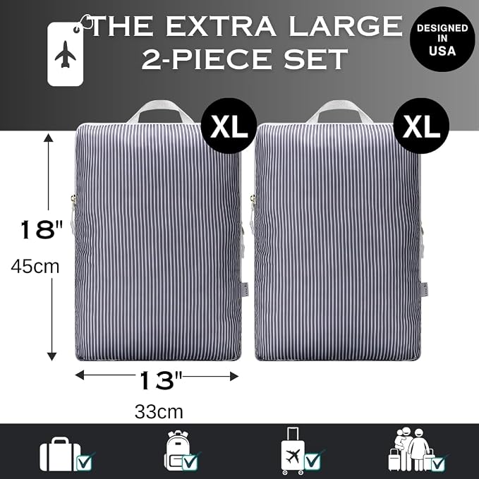 Extra Large Compression Packing Cubes for Checked Luggage, Lightweight Suitcase Organizers & Space Saver Bags - Travel Cubes for Packing - Travel Essentials - 2 Piece Set, X-Large - Grey Stripe - Image 3