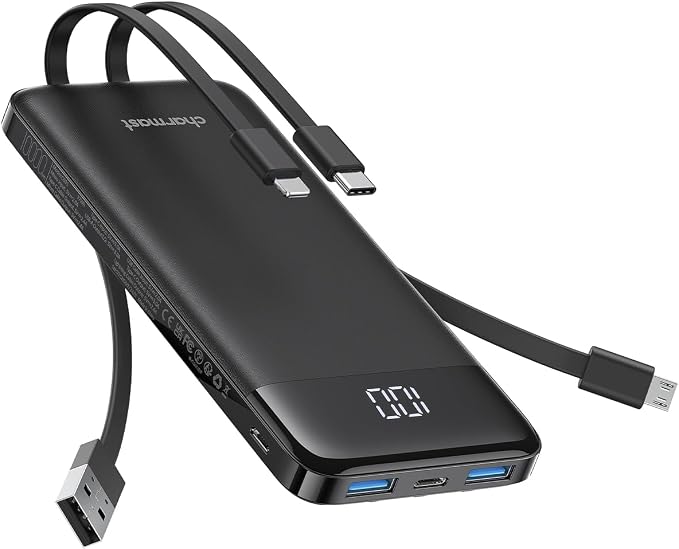 charmast Portable Charger Built-in Cables, 10000mAh Slim Power Bank Pocket | 22.5W Fast Charging Battery Pack for iPhone 17/16/15 Samsung Android, Flight-Approved, Multi-Device, USB-C, Daily Commute by charmast