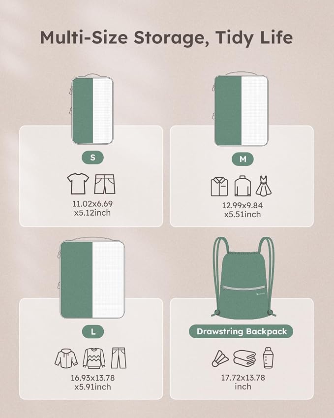 4 Set Compression Packing Cubes for Travel, Bonus Versatile Drawstring Backpack, Lightweight Luggage Organizer Bags, Sturdy Travel Accessories for Suitcase, Dark Green - Image 5