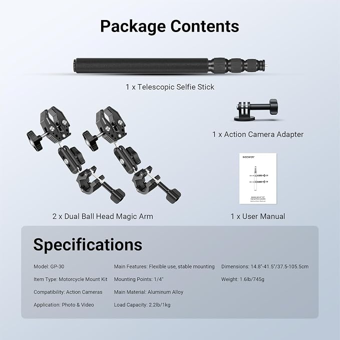 NEEWER Motorcycle Mount Accessories Kit Compatible with GoPro Insta360 DJI, Bike Tail Handlebar Invisible Selfie Stick Double Clamp Holder with Action Camera Adapter for POV Video Recording, GP-30 - Image 8