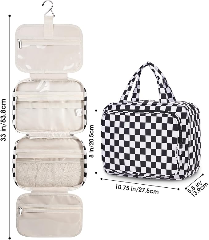 Narwey Hanging Toiletry Bag for Women Travel Makeup Bag Organizer Toiletries Bag for Travel Size Essentials Accessories Cosmetics (Black Checkerboard (Medium)) - Image 8