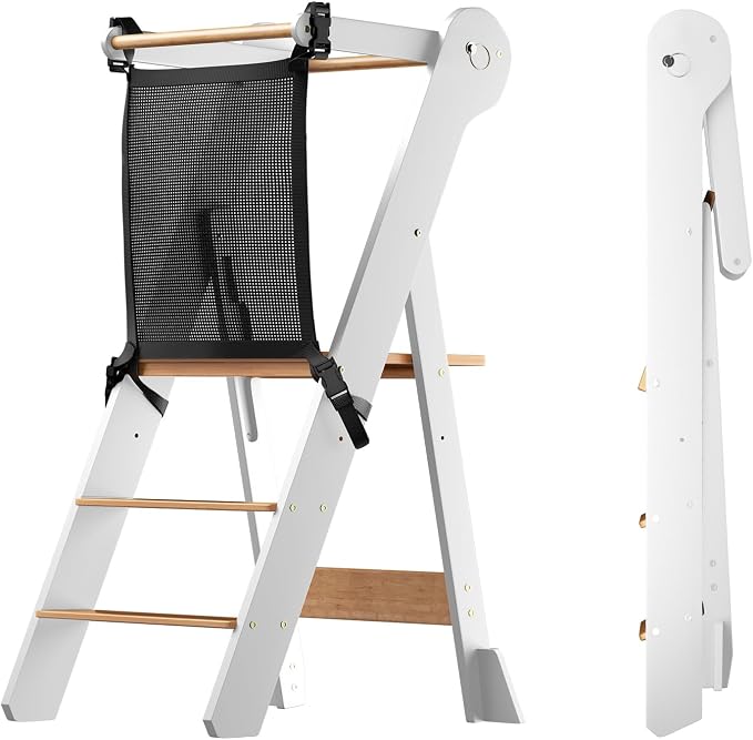 COSYLAND Foldable Toddler Kitchen Stool Helper - Height Adjustable Standing Tower for Bathroom Sink or Kitchen Counter - Step Stool for Toddlers Ages 18 Months to 6 Years White & Natural by COSYLAND