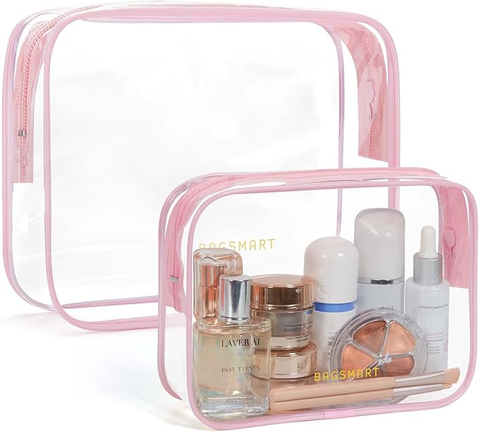 BAGSMART Clear Toiletry Bag 2-Pack TSA Approved Water-Repellent, Pink | Carry on Travel Accessories Bag, Airport Airline Quart Size Bags for Women Men, Makeup Cosmetic Bag by BAGSMART