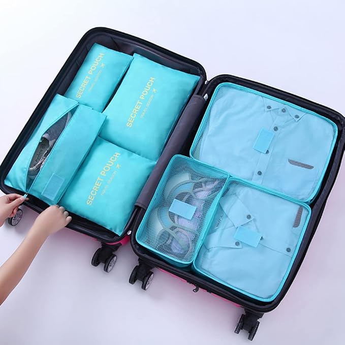 7 Set Packing Cubes, Travel Foldable Luggage Organizers Storage Bag Accessories Suitcase with Laundry Bag & Shoe Bag, Blue - Image 2