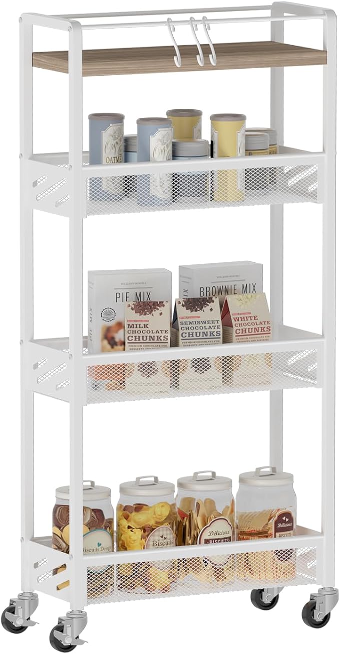DGSNADGO Slim Rolling Storage Cart, 4-Tier Narrow Kitchen Cart with Wheels | Metal Mobile Snack Shelving, Skinny Rolling Spice Rack for Small Space in Kitchen, Living Room, Bathroom, Beige and White - Image 8