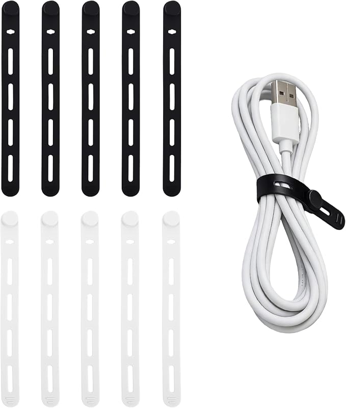 Indistar 10-Pack Reusable Silicone Cable Ties, High-Elasticity Wire Earphone Cord Organizer Fasteners, Home & Travel Charging Cable Storage Accessories by indistar