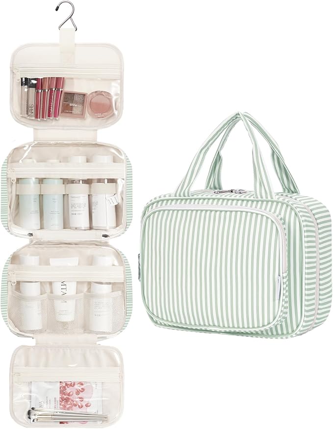 Narwey Striped Hanging Toiletry Bag for Women Travel Makeup Bag Organizer Toiletries Bag for Travel Size Essentials Accessories Cosmetics (Mint Green Stripe (Medium)) - Image 2