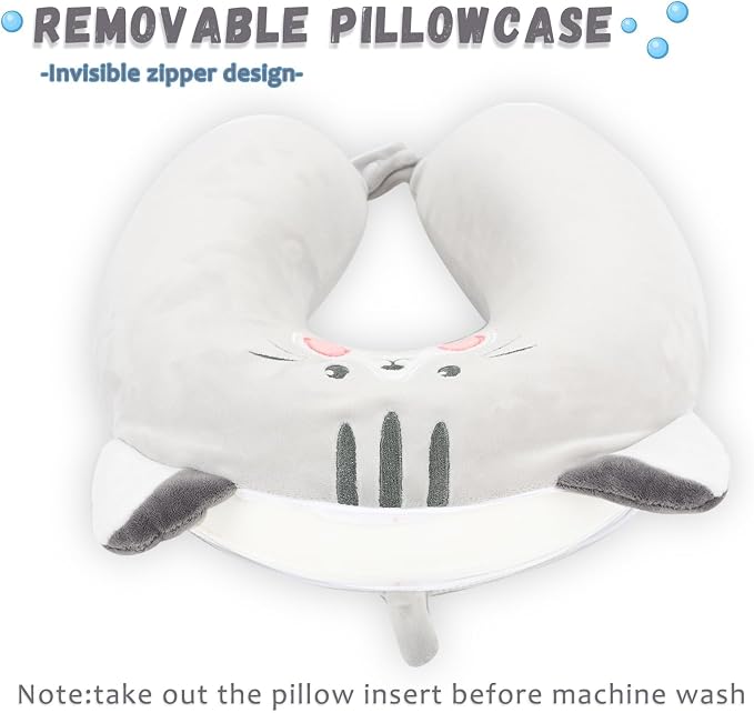 Travel Pillow, Kids Travel Pillow with Sleep Eye Mask Soft Memory Foam Kids Neck Pillow for Boys & Girls, Travel Accessories for Car Airplane Traveling - Grey Cat - Image 4