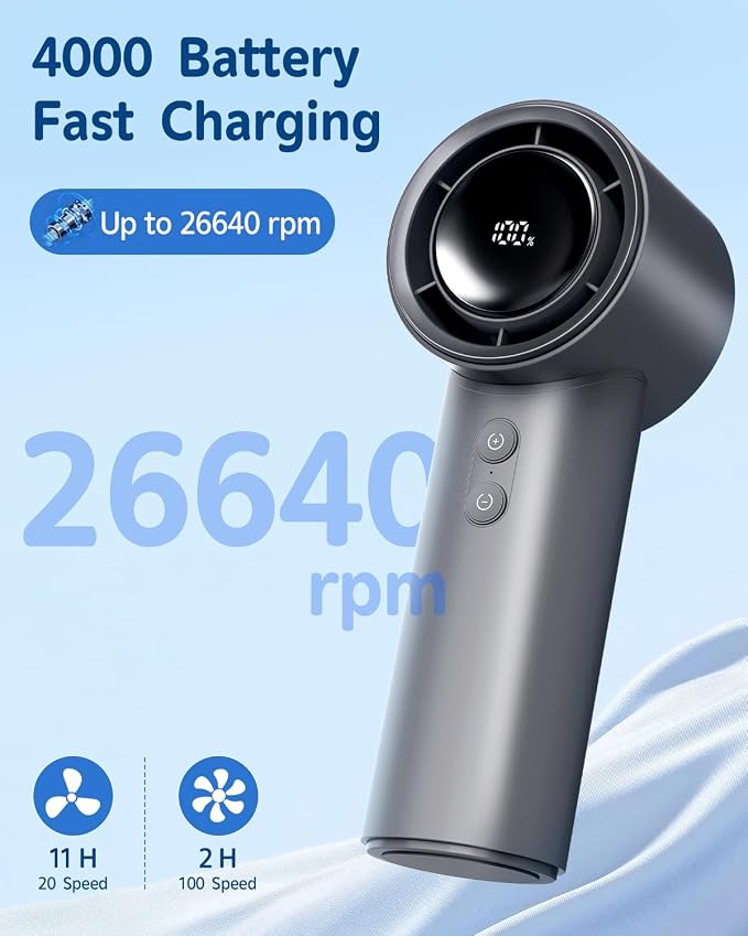 EasyAcc AI Portable Turbo Fan with 4000 Capacity Built-in Battery, 1-100 Adjustable Speeds, Max 26640RPM Strong Airflow, LED Display, USB-C Rechargeable Fan for Camping, Grey - Image 4