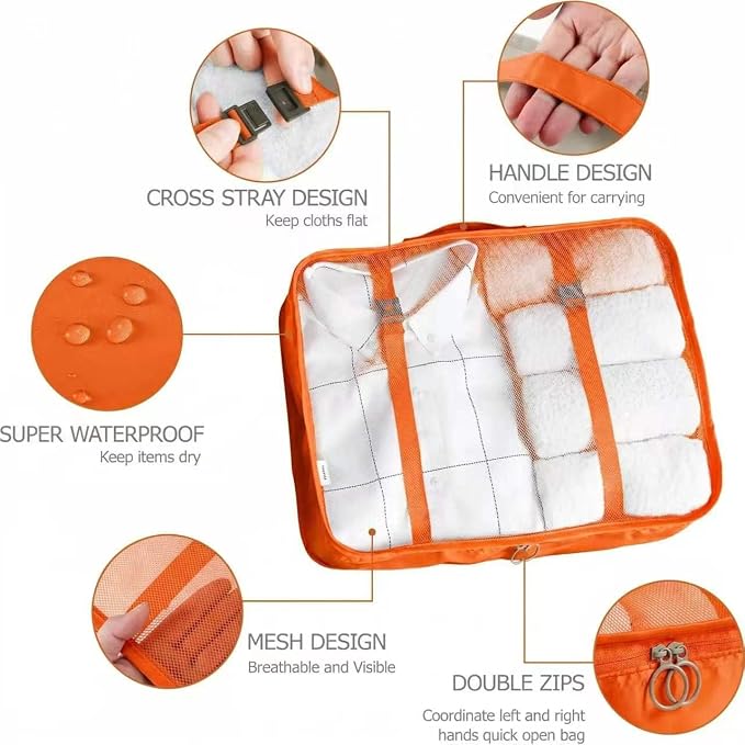 LANSKLBD 6/8 Set Packing Cubes for Suitcases Travel Luggage Packing Organizers,Travel Accessories Essentials Luggage Organizer with Shoe/Tioletry/Laundry Bag (Orange, 8 set) - Image 2