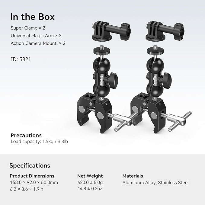SMALLRIG Super Clamp Mount 2-Pack, Double Ball Head Magic Arm for Camera | Clamp for Fences, Desks, Tripods, for Monitors, Lights, Action Cameras - Image 7
