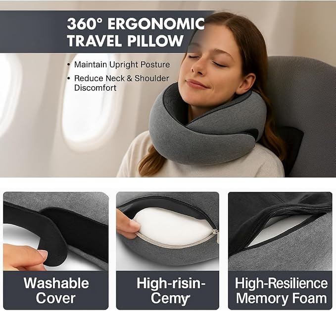 Travel Neck Pillow with Memory Foam & Chin Support – Includes Cute Macaron EVA Water-Resistant Carry Case, Eye Mask & Ear Plugs (Light Grey) - Image 6