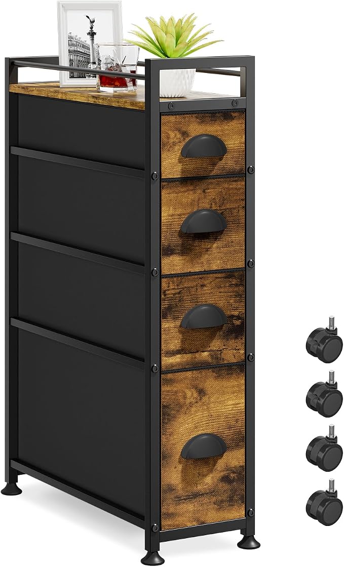 LASZOLA Narrow Cabinet Slim Storage Cart for Bathroom Small Space, Brown | 4 Tiers Skinny Rolling Organizer Shelf with Sturdy Fabric Drawers, Lightweight Mobile on Wheels, Between Washer and Dryer by LASZOLA