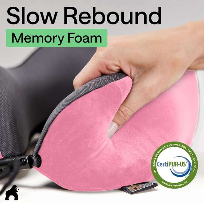 GORILLA GRIP Adjustable Travel Neck Pillow for Airplanes, CertiPUR-US® Memory Foam, Soft Velvet and Cooling Mesh Pillows, Support Headrest for Sleeping, Traveling Essentials, Flight Accessories, Pink - Image 6