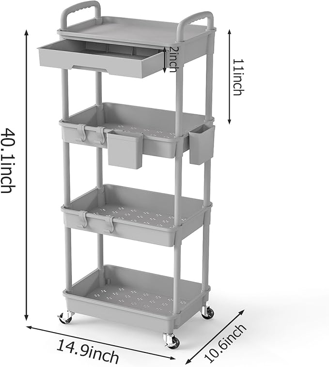 4 Tier Rolling Utility Cart with Drawer, Plastic Storage Organizer Rolling Carts with Wheels Handles Hanging Cups Hooks for Office, Bathroom, Kitchen,Craft Art Room (Grey) - Image 2