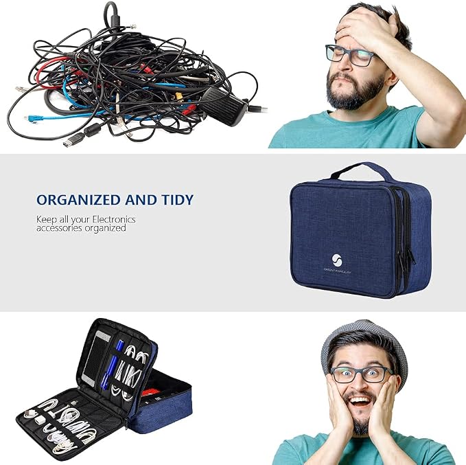 Travel Electronics Organizer, Waterproof Cable Organizer Bag for Electronic Accessories Double Layer Large Shockproof Cable Storage Bag for Cord, Power Bank, Tablet(Up to iPad 11 inch) - Royal Blue - Image 5