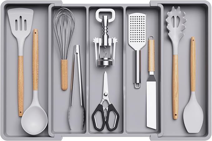 Lifewit Utensil Organizer for Kitchen Drawers, Expandable Utensil Tray | Adjustable Cooking Cutlery Silverware Flatware Holder, Plastic Spatula Tools Storage Divider, 13-22 x 15", Gray by Lifewit