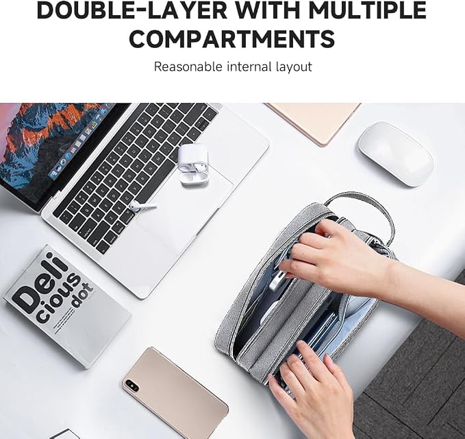 Teskyer Double Layer Cable Organizer Bag, Travel Tech Pouch, Light Grey | Elastic Bands Organization, Water Resistant Fabric, Multiple Compartments, Padded Protection, Travel and Office Use - Image 8