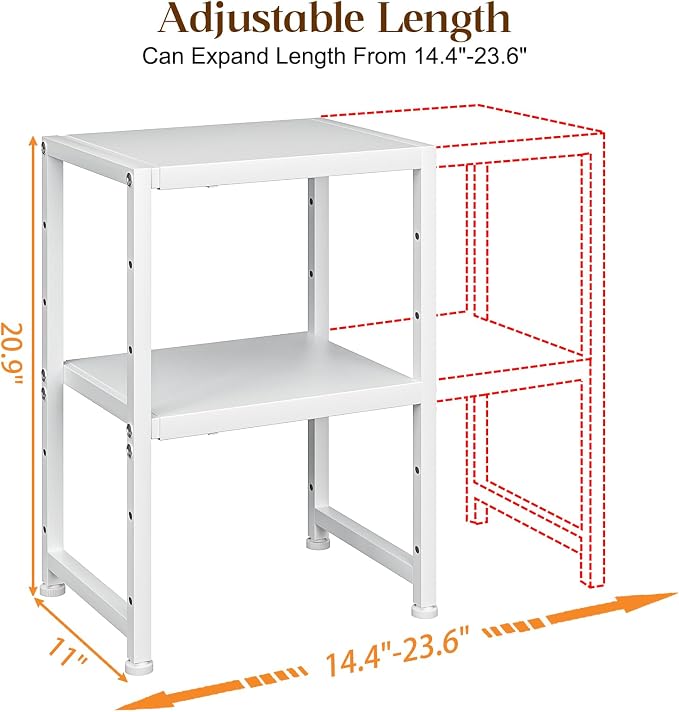 2-Tier Expandable Kitchen Storage Shelf,150LBS Heavy Duty Metal Shelving Units For Small Appliance,Adjustable Pots and Pans Organizer Rack Shelves For Kitchen Counter Under Cabinet Garage Pantry,White - Image 2