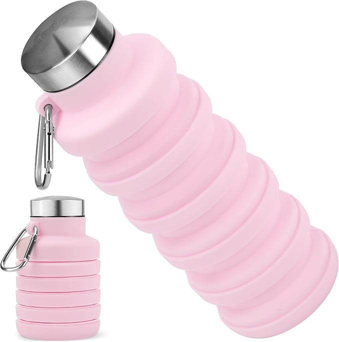 Collapsible Water Bottle, 16oz Portable Reusable Silicone Water Bottle with Carabiner for Gym, Travel, Camping, Hiking, Sports, Lightweight, BPA-Free, Leak-Proof, Foldable Design, Light Pink by HOME