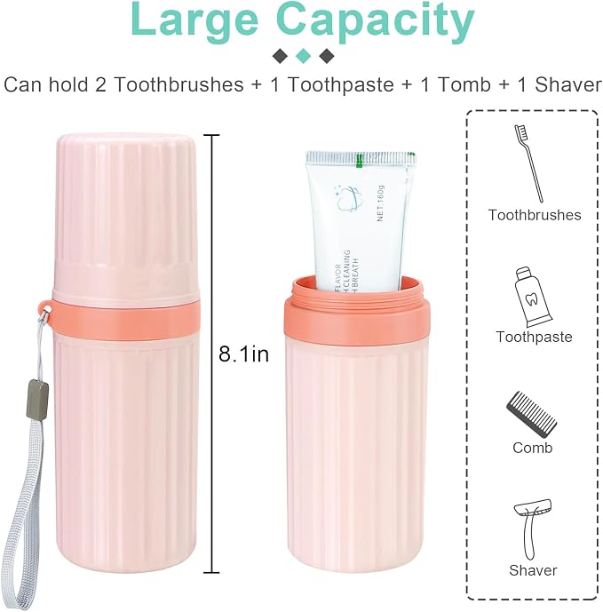 Mulbozy Travel Toothbrush Holder, Large Travel Toothbrush Cup Case, Portable Travel Toothbrush Toothpaste Makeup Storage for Business Trip Camping School - Pink - Image 4