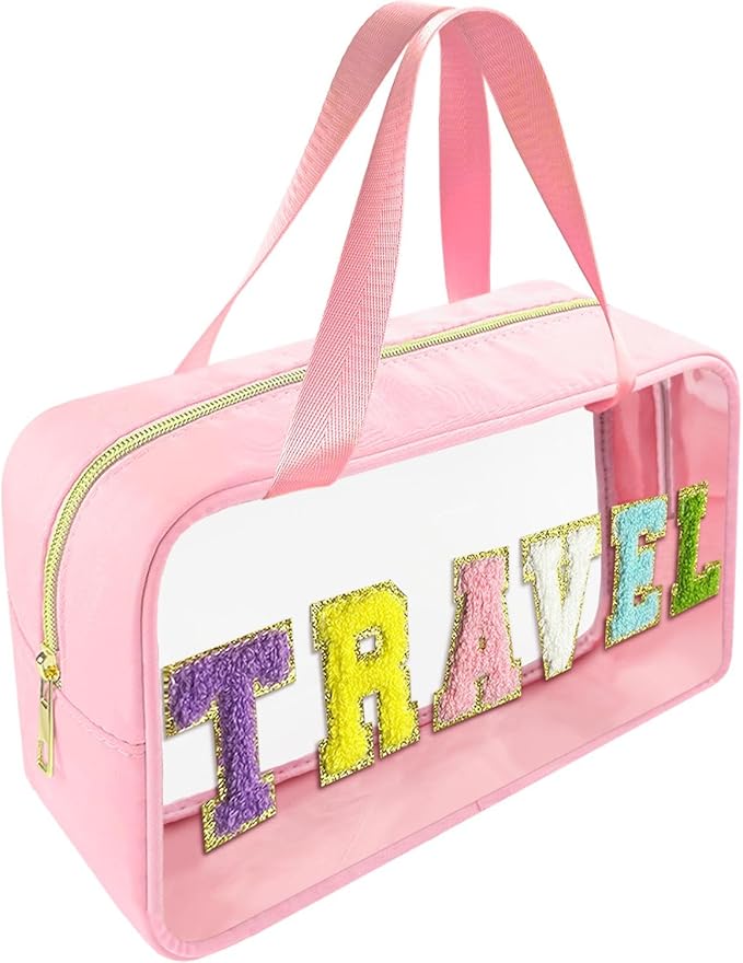 Bunliuys Chenille Letter Clear Makeup Bag Travel Patch, Travel Toiletry Makeup Bag with Handle, Nylon Waterproof Makeup Bags clear cosmetic bag, preppy patch makeup bag for Women (TRAVEL-Pink) by Bunliuys