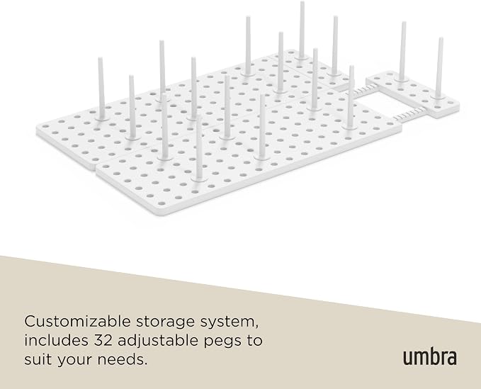 Peggy Kitchen Drawer Cupboard Organizer Tray - Adjustable Storage System For Food Containers, Cookware, Serveware, Utensils and More, White | Non-slip feet, fits cabinets or shelves, quick assembly, 32 pegs included, impact-resistant plastic - Image 6