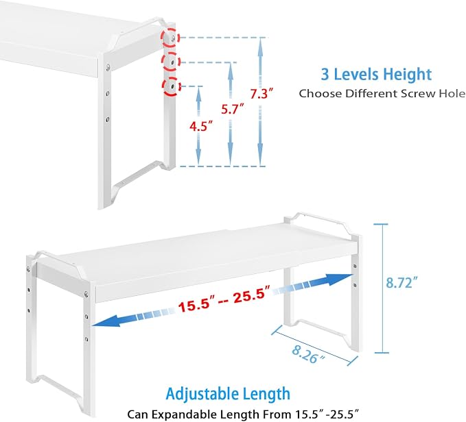 2 Pack Stackable Expandable Shelves For Kitchen Cabinet Countertop Storage, Adjustable Counter Cupboard Pantry Organizer Shelf Rack Stand, Length:25.5 Inch - Image 2