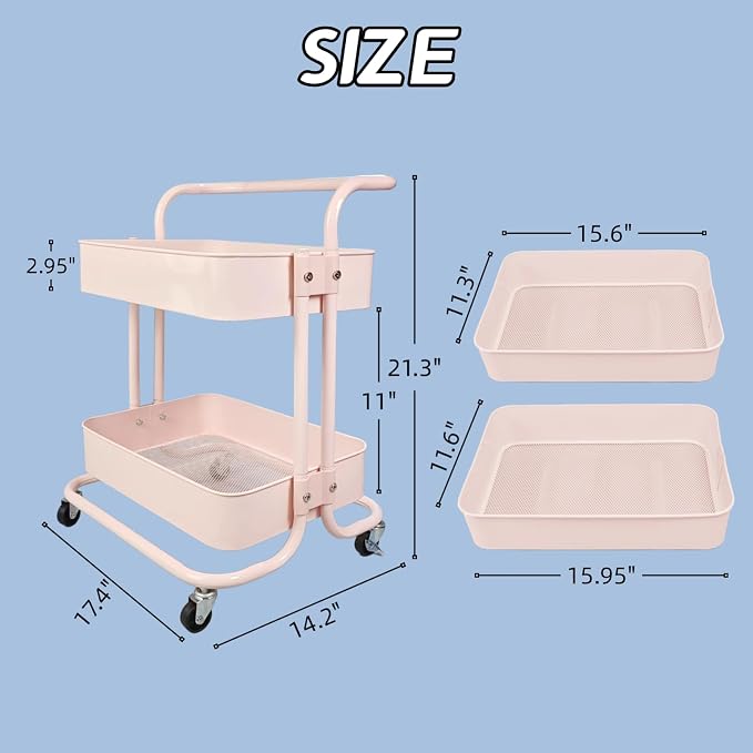 2 Tier Short Rolling Cart with Wheels All-Metal Pink Pantry Storage for Kitchen,Under Desk Trolley with Handle Small Wheeled Storage Cart for Laundry Room Bathroom, Under Table Small Space - Image 4