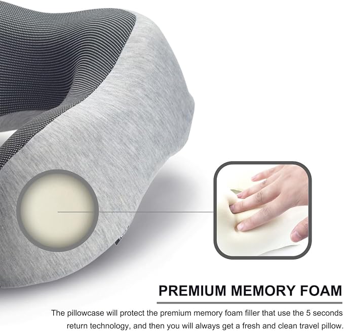napfun Neck Pillow for Travel with Travel Pouch, Sleep Mask & Earplugs, Memory Foam Airplane Pillow for Headrest Sleep with Eyeshades, Plane Essentials with Eye Blindfold, Light Gray Kit - Image 4
