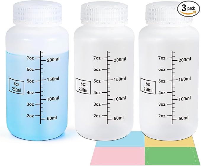 8oz Wide Mouth Plastic Bottles with Airtight Lids, Graduated Food Grade Leak Proof PP Containers Jars for Water Sample Lab Reagent Liquid Medicine Storage (Translucent, 3 Pack) by UMETASS